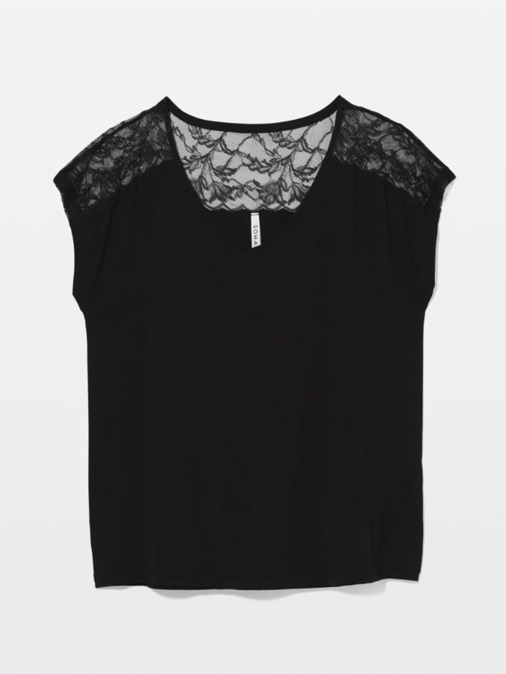 Soma Cool Nights Lace Pajama Tee in Black | V-Neck Sleep Top with Lace | Size L